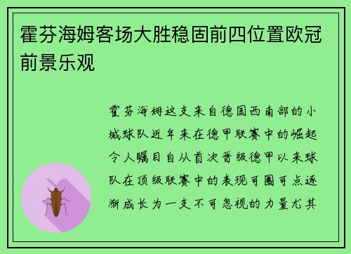 霍芬海姆客场大胜稳固前四位置欧冠前景乐观