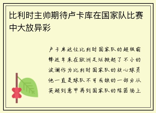 比利时主帅期待卢卡库在国家队比赛中大放异彩